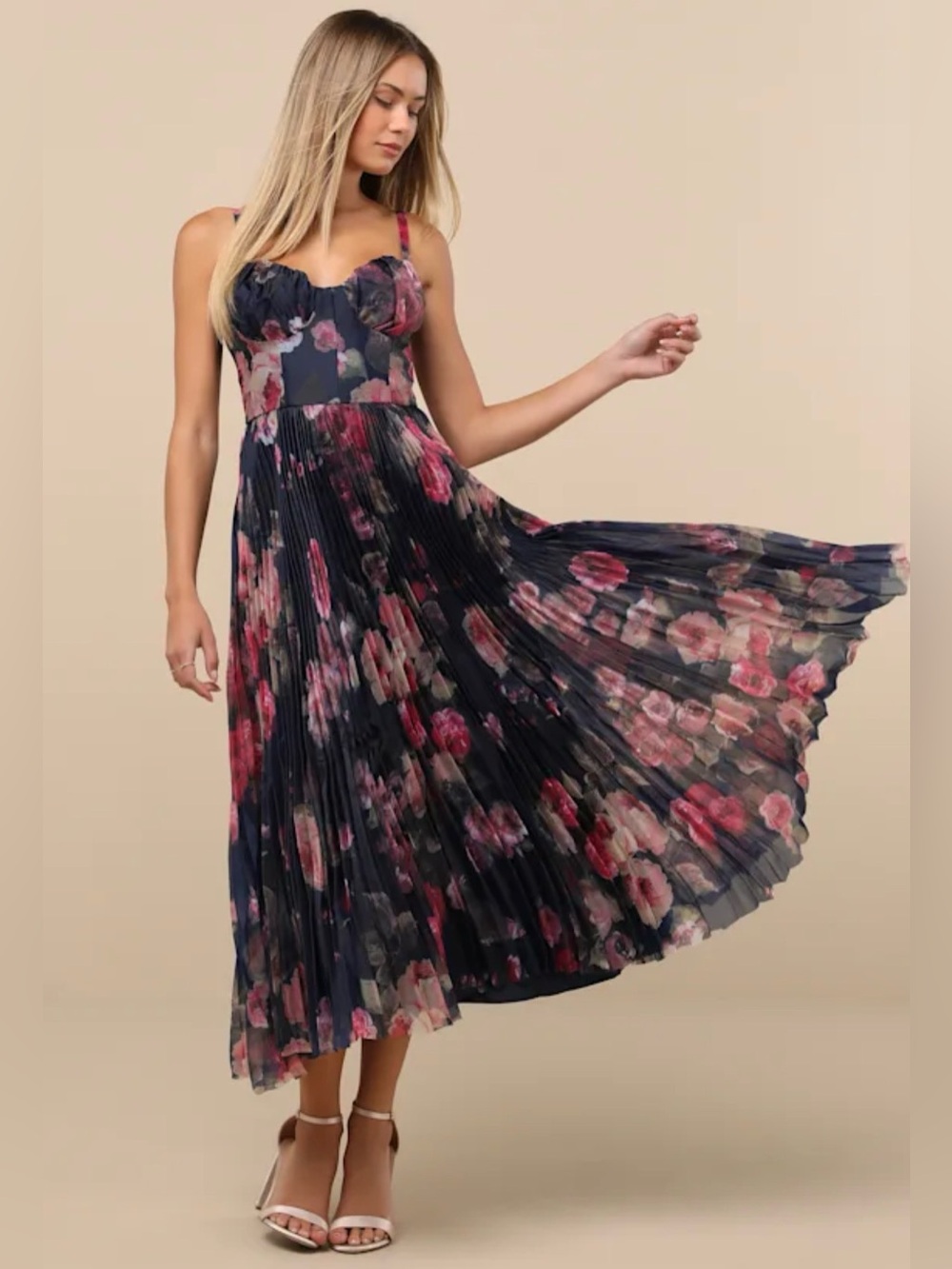 Alluring Invite Midnight Blue Floral Pleated Bustier Midi Dress XS